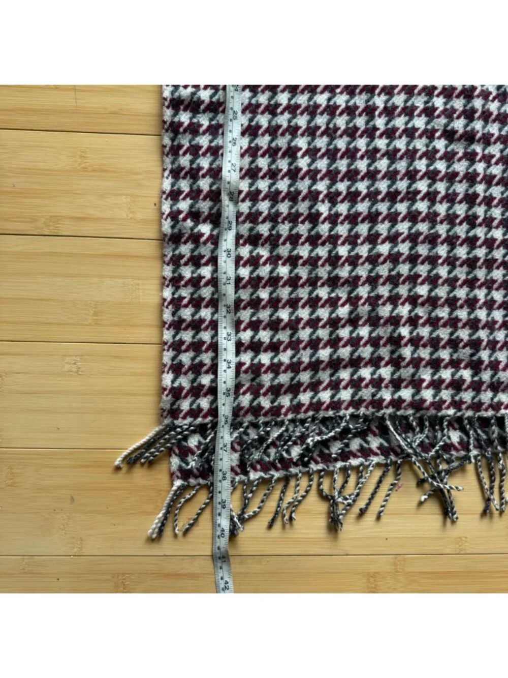 J. Crew Women's Fringed Scarf Burgundy White Houndstooth Oversized Winter Wrap